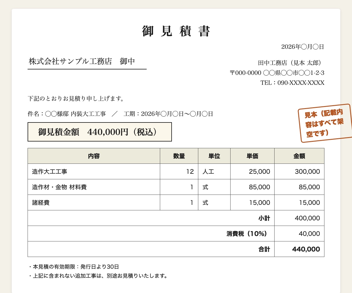 見積書テンプレートの記入例(記載内容はすべて架空です)